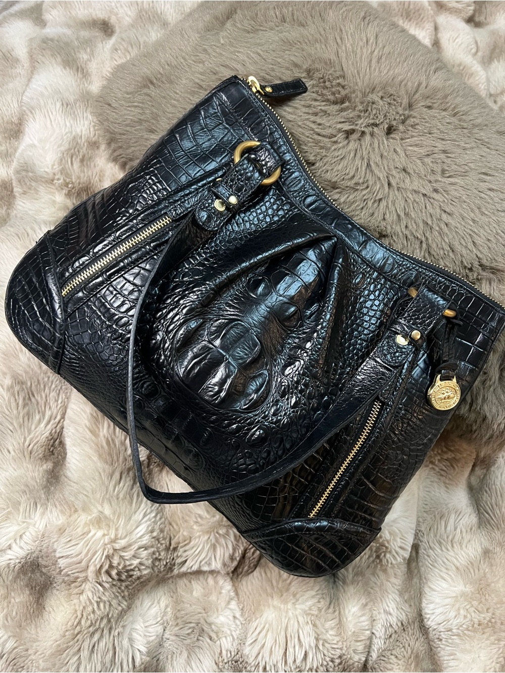 Brahmin Selma pleated shoulder tote in black croc-embossed leather (Retail $800)